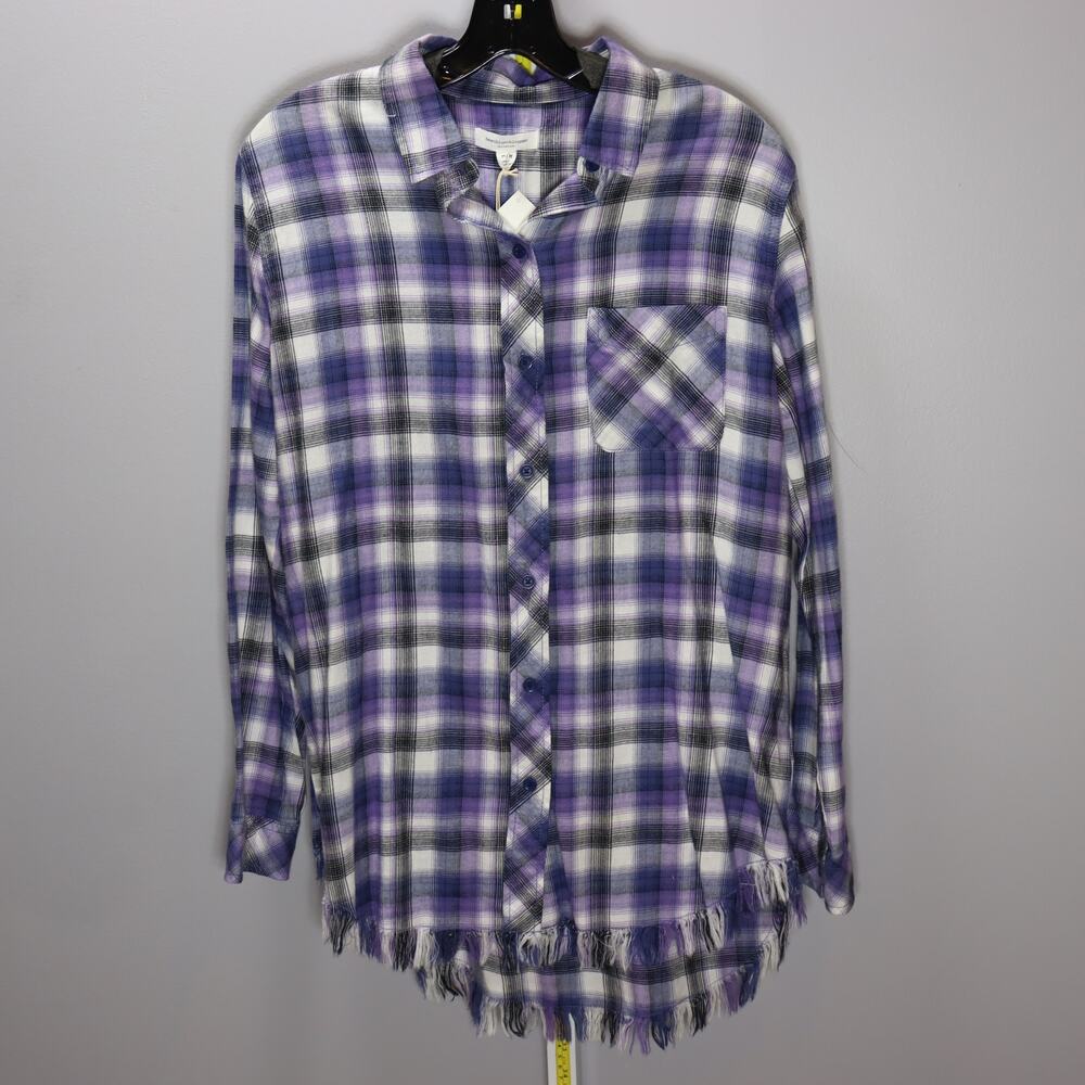 Beachlunchlounge Purple Plaid Button Front Shirt‎ M Frayed Hem